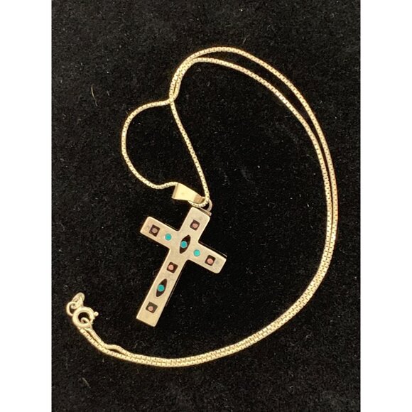 VTG Sterling Silver Cross Pendant Necklace Turquoise Onyx Inlays 7598 Mexico 18" - Picture 3 of 11